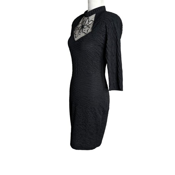 Vintage Textured Bodycon Dress Small Black Open Back 3/4 Sleeve Stretch Knit - Picture 5 of 11